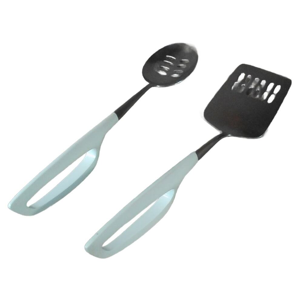 Vintage Sears Stainless Slotted Spoon & Spatula Set Japan MCM White Open Handle
